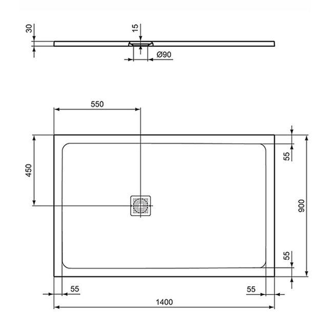 Ideal Standard Ultra Flat S+ Rectangular Shower Tray 1400mm x 900mm - Jet Black  | Dimension Image
