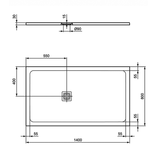 Ideal Standard Ultra Flat S+ Rectangular Shower Tray 1400mm x 800mm - Jet Black  | Dimension Image