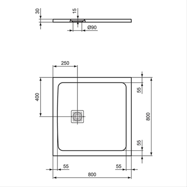 Ideal Standard Ultra Flat S+ Square Shower Tray 800mm x 800mm - Jet Black  | Dimension Image