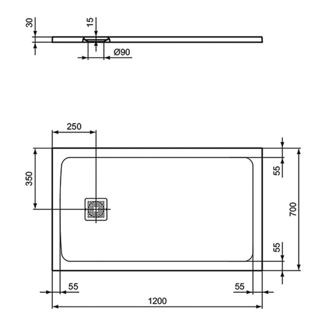 Ideal Standard Ultra Flat S+ Rectangular Shower Tray 1200mm x 700mm - Jet Black  | Dimension Image