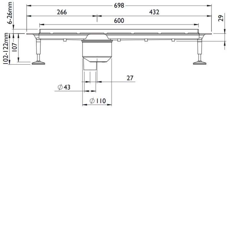 Impey Stand Alone Linear Drain 600mm Stainless Steel Cover Vertical Outlet  | Dimension Image