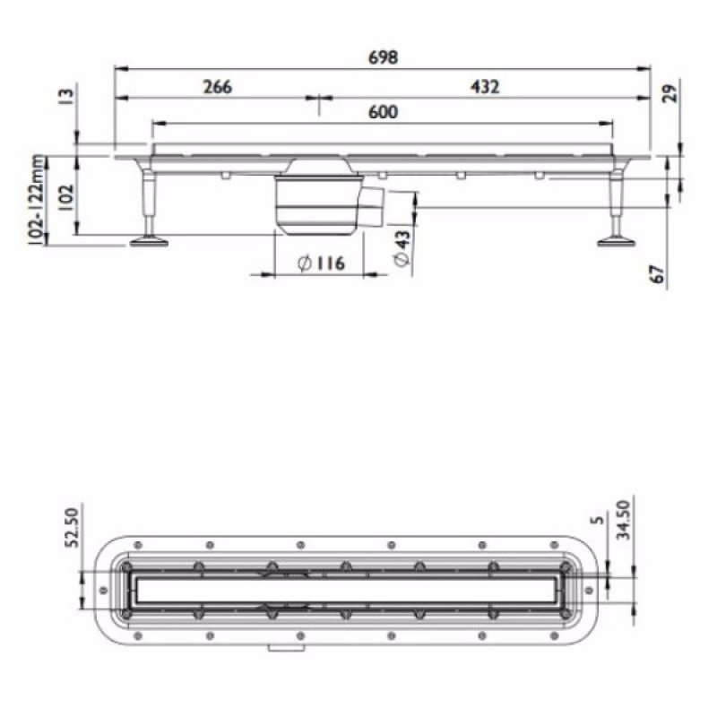 Impey Stand Alone Linear Drain 600mm Tile Insert Cover 8mm Horizontal Outlet
