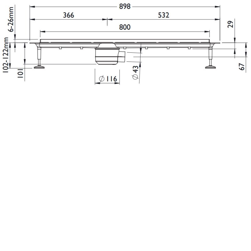 Impey Stand Alone Linear Drain 800mm Stainless Steel Cover Horizontal Outlet