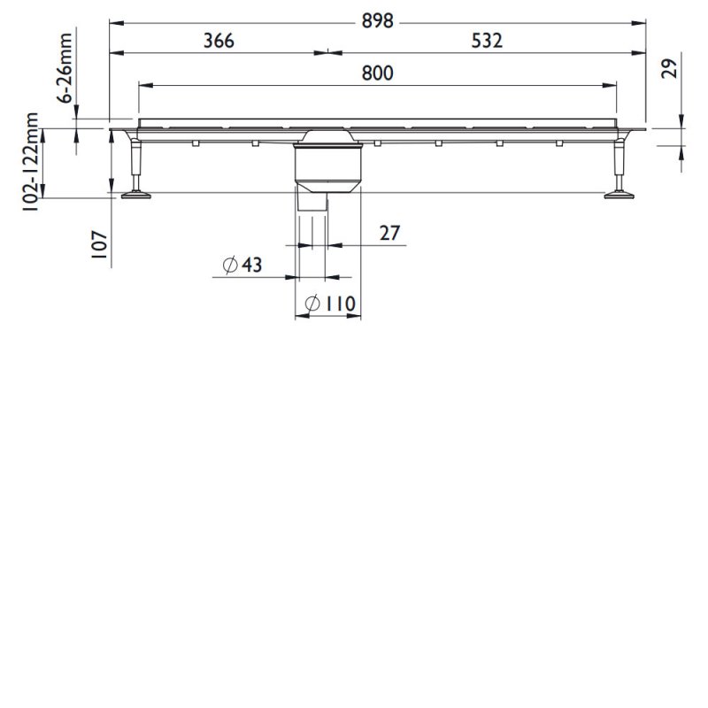 Impey Stand Alone Linear Drain 800mm Stainless Steel Cover Vertical Outlet  | Dimension Image