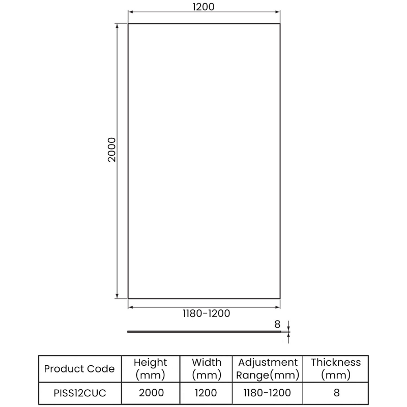 Impey Supreme Glass Shower Panel 1200mm Wide Plain Glass  | Dimension Image