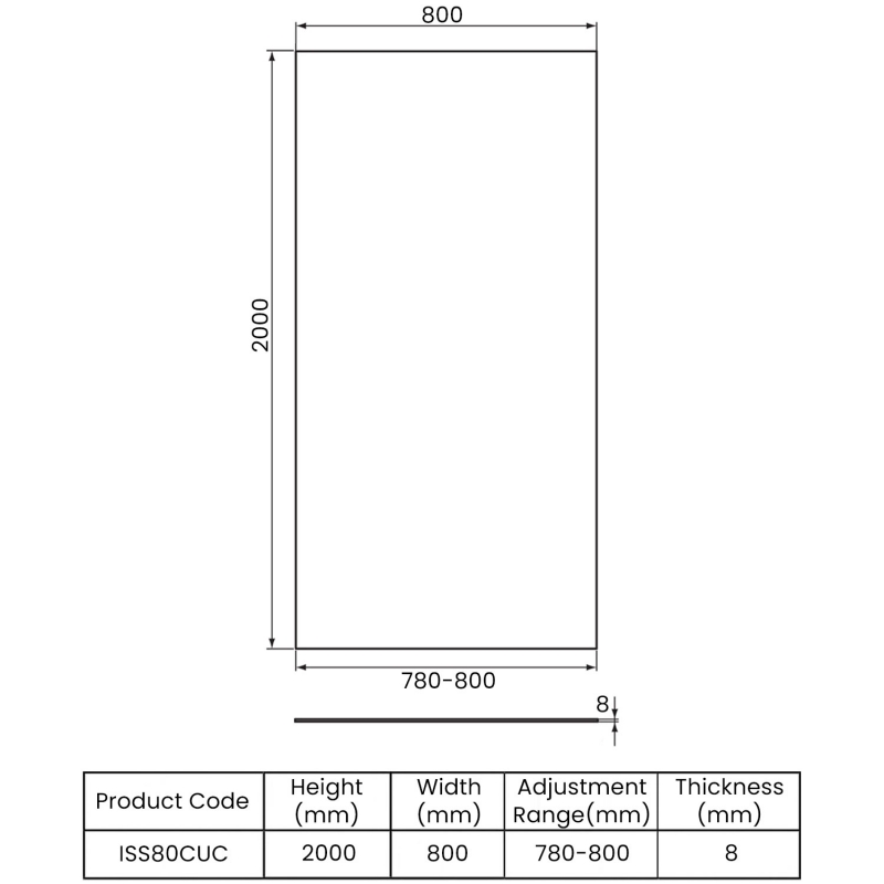 Impey Supreme Glass Shower Panel 800mm Wide Plain Glass  | Dimension Image