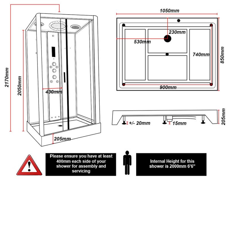 Insignia Monochrome Rectangle Steam Shower Cabin 1050mm x 850mm - Black Frame  | Dimension Image