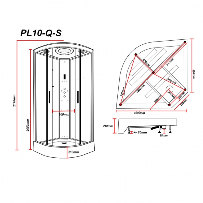 Insignia Pearlescent White Pearl Sparkle Steam Shower Cabin 1000mm x 1000mm - Black Frame  | Dimension Image