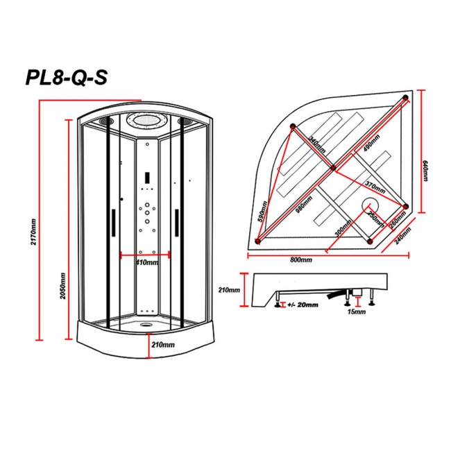 Insignia Pearlescent White Pearl Sparkle Steam Shower Cabin 800mm x 800mm - Black Frame