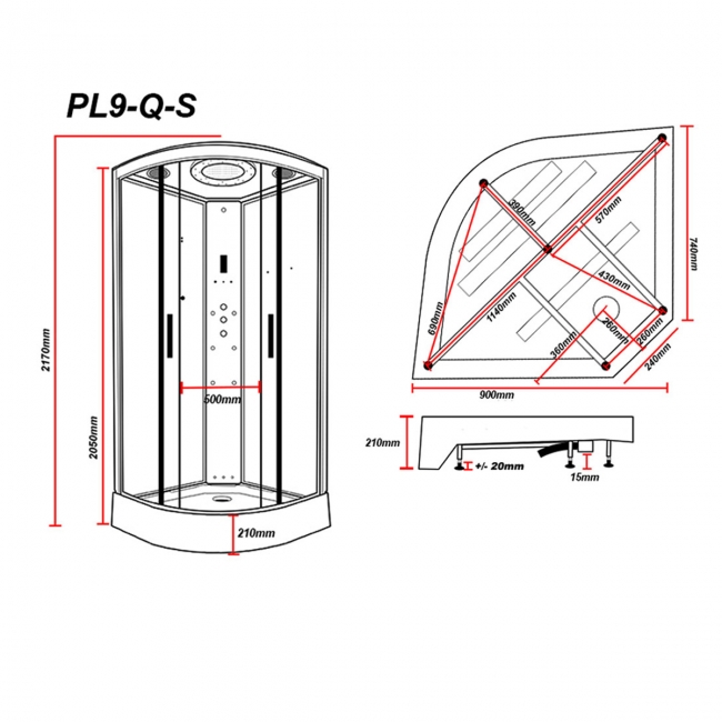 Insignia Pearlescent White Pearl Sparkle Steam Shower Cabin 900mm x 900mm - Black Frame  | Dimension Image