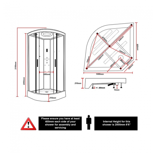 Insignia Platinum Grey Marble Quadrant Non Steam Shower Cabin 1000mm x 1000mm - Chrome Frame  | Dimension Image