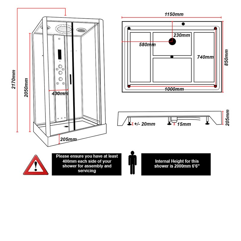 Insignia Platinum Rectangular Steam Shower Cabin 1150mm x 850mm - Black Frame  | Dimension Image