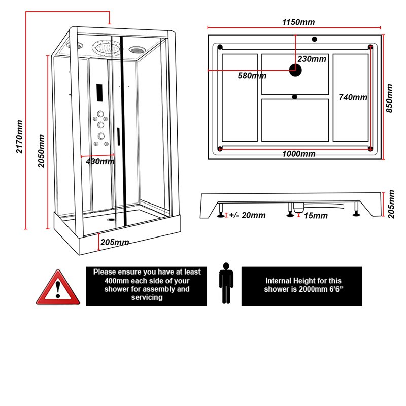Insignia Platinum Rectangular Non Steam Shower Cabin 1150mm x 850mm - Black Frame  | Dimension Image