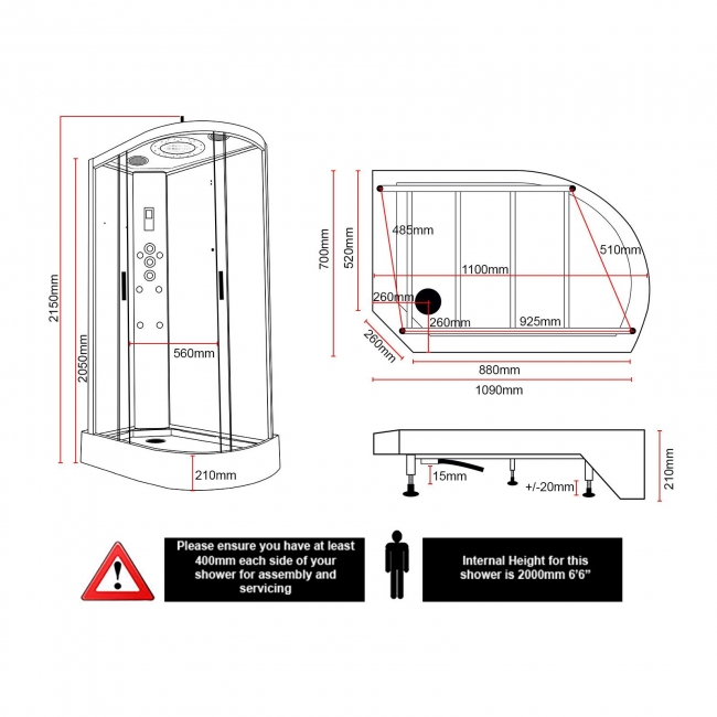 Insignia Platinum Black Marble Offset Quadrant Steam Shower Bath Cabin 1100mm x 700mm LH - Chrome Frame  | Dimension Image