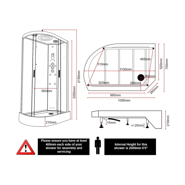 Insignia Platinum White Marble Offset Quadrant Non Steam Shower Bath Cabin 1100mm x 700mm RH - Chrome Frame  | Dimension Image