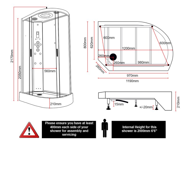Insignia Platinum Offset Quadrant Steam Shower Cabin 1200mm x 800mm LH - Black Frame  | Dimension Image