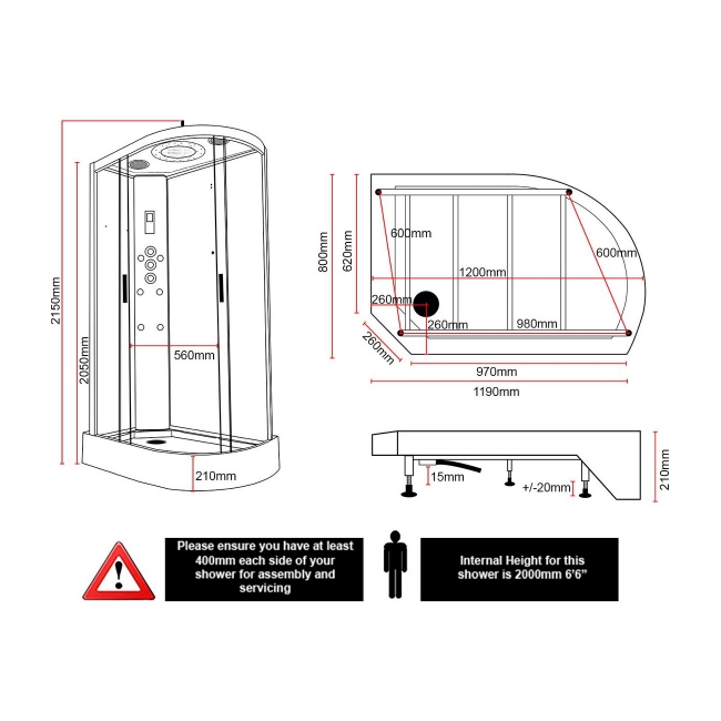 Insignia Platinum White Marble Offset Quadrant Non Steam Shower Bath Cabin 1200mm x 800mm LH - Chrome Frame  | Dimension Image