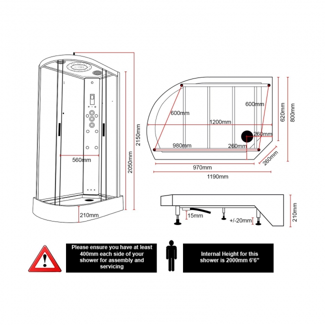 Insignia Platinum Grey Marble Offset Quadrant Steam Shower Bath Cabin 1200mm x 800mm RH - Chrome Frame  | Dimension Image