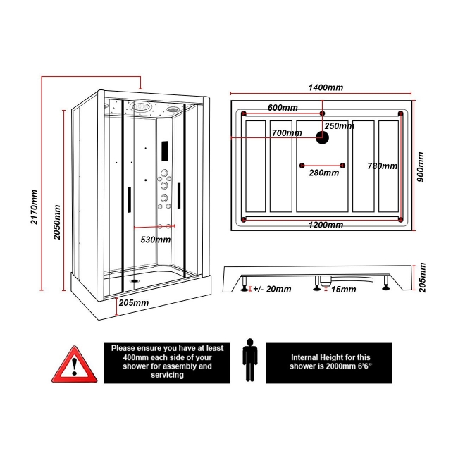 Insignia Platinum White Marble Rectangular Non Steam Twin Shower Cabin 1400mm x 900mm - Chrome Frame  | Dimension Image