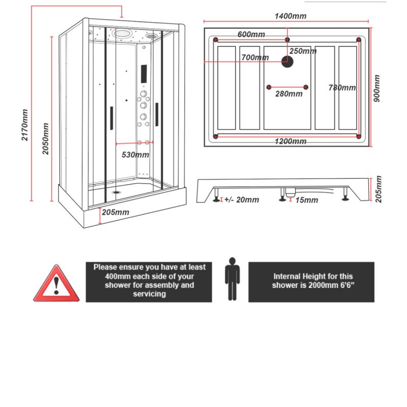 Insignia Platinum Rectangular Steam Twin Shower Cabin 1400mm x 900mm - Chrome Frame  | Dimension Image