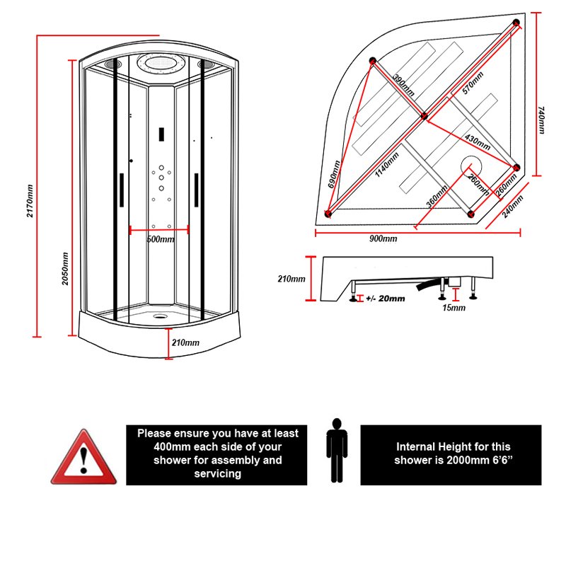 Insignia Platinum Quadrant Non Steam Shower Cabin 900mm x 900mm - Black Frame  | Dimension Image