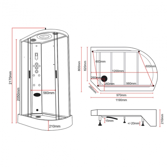 Insignia Premium Offset Quadrant Steam Shower Cabin 1200mm x 800mm LH - Chrome Frame  | Dimension Image