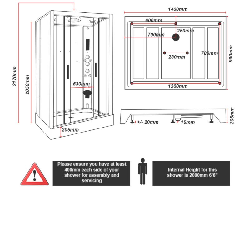 Insignia Premium Rectangular Steam Twin Shower Cabin 1400mm x 900mm - Chrome Frame  | Dimension Image