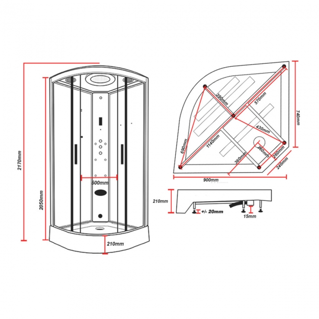 Insignia Premium Quadrant Steam Shower Cabin 900mm x 900mm - Black Frame