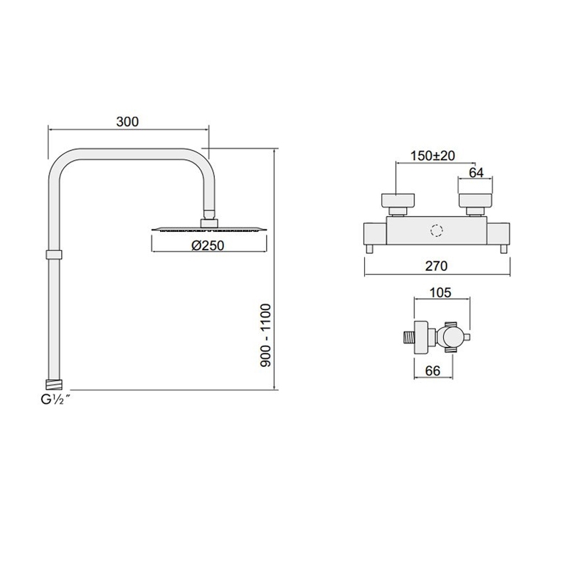 Inta Kiko Deluxe Thermostatic Bar Mixer Shower with Shower Kit + Fixed Head