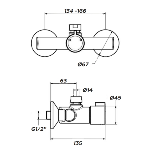 Inta Timed Flow Thermostatic Exposed Shower Mixer with Self Closing Cartridge - Chrome  | Dimension Image