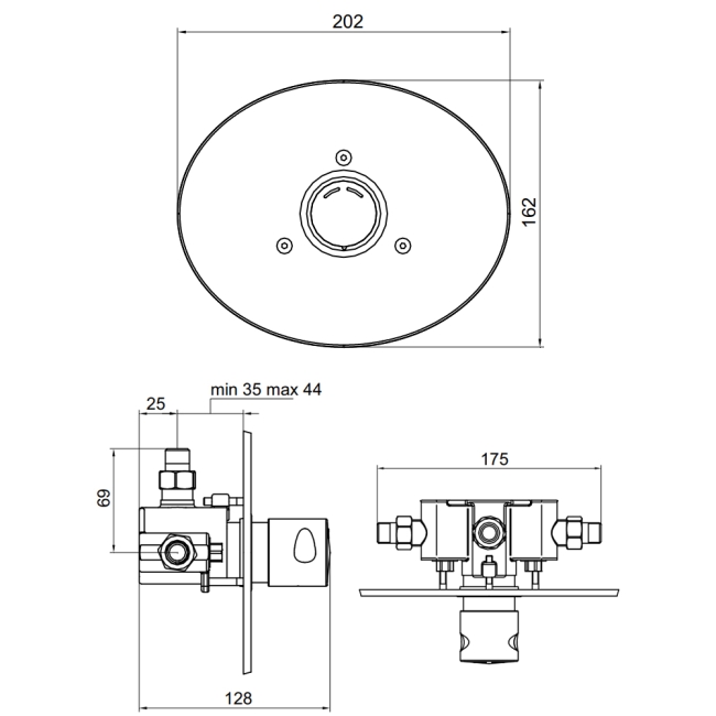 Inta Timed Flow Concealed Shower Control with Temperature Adjustment - Chrome  | Dimension Image