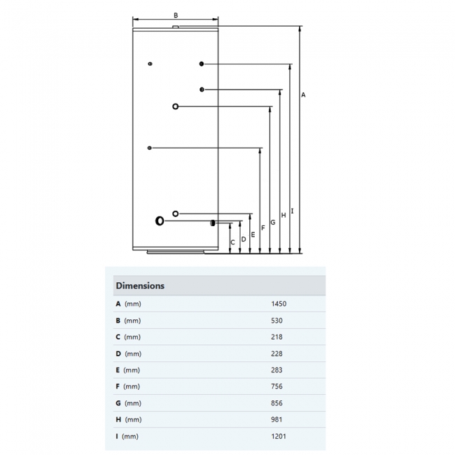 Joule Cyclone Standard High Gain Indirect Unvented Cylinder 200 Litre - Stainless Steel  | Dimension Image