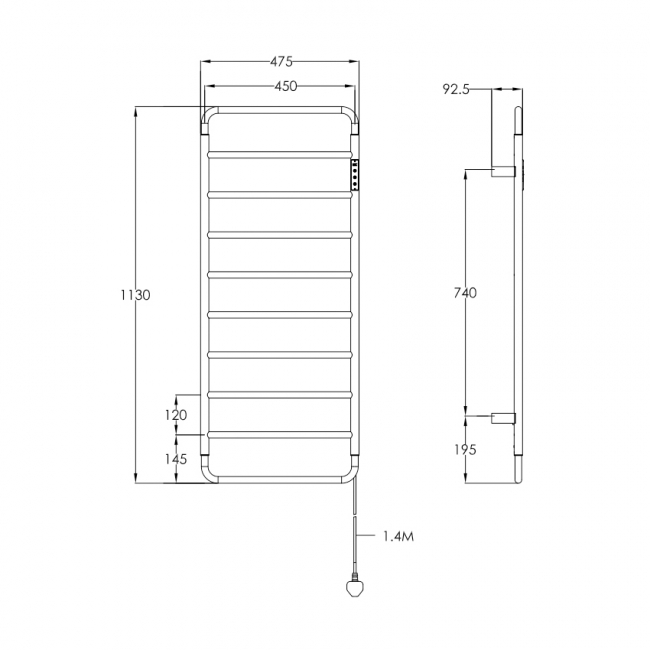 JTP Aero Electric Towel Rail 1130mm H x 475mm W - Brushed Stainless Steel  | Dimension Image