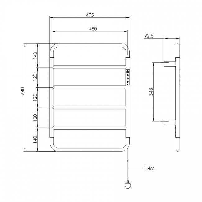 JTP Aero Electric Towel Rail 640mm H x 475mm W - Brushed Brass  | Dimension Image