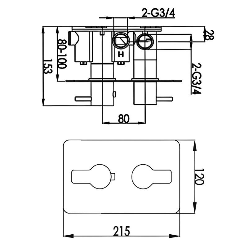 JTP Amore Thermostatic Concealed 3 Outlets Shower Valve Dual Handle - Chrome  | Dimension Image