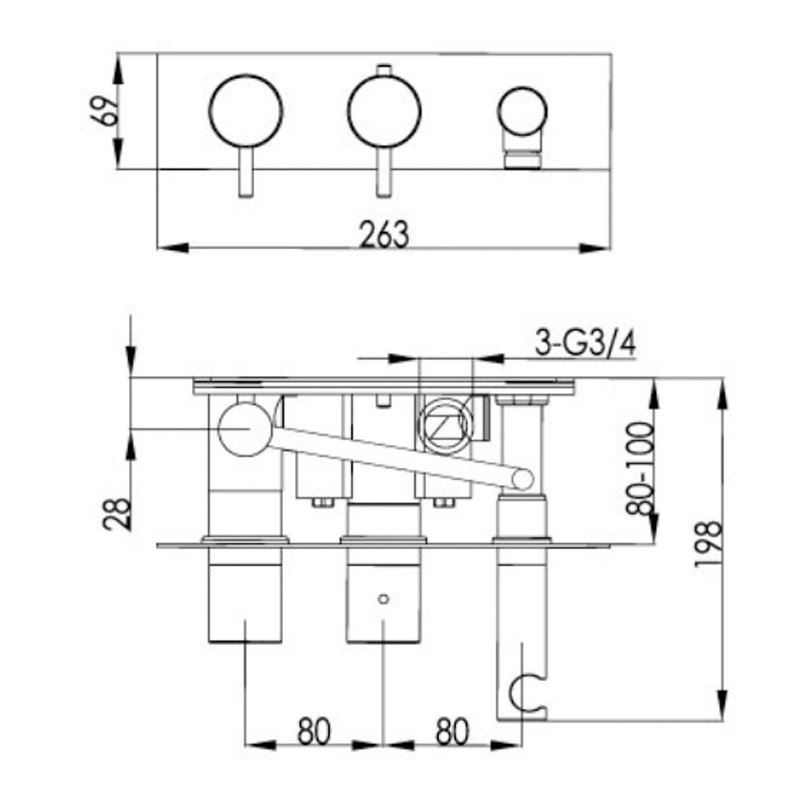 JTP Amore Thermostatic Concealed 2 Outlets Shower Valve with Attached Handset - Chrome  | Dimension Image
