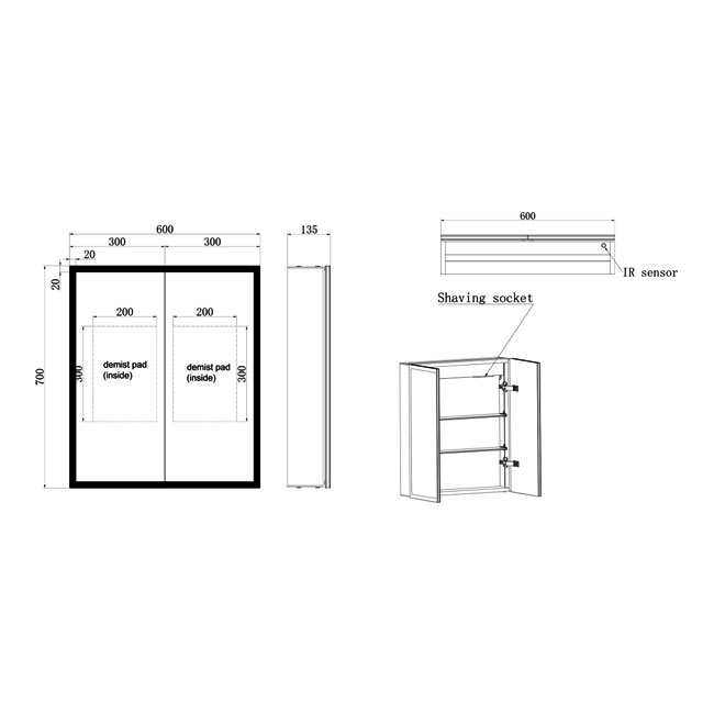 JTP Aspect 2-Door Mirrored Bathroom Cabinet with Demister Pad 700mm H x 600mm W - Chrome