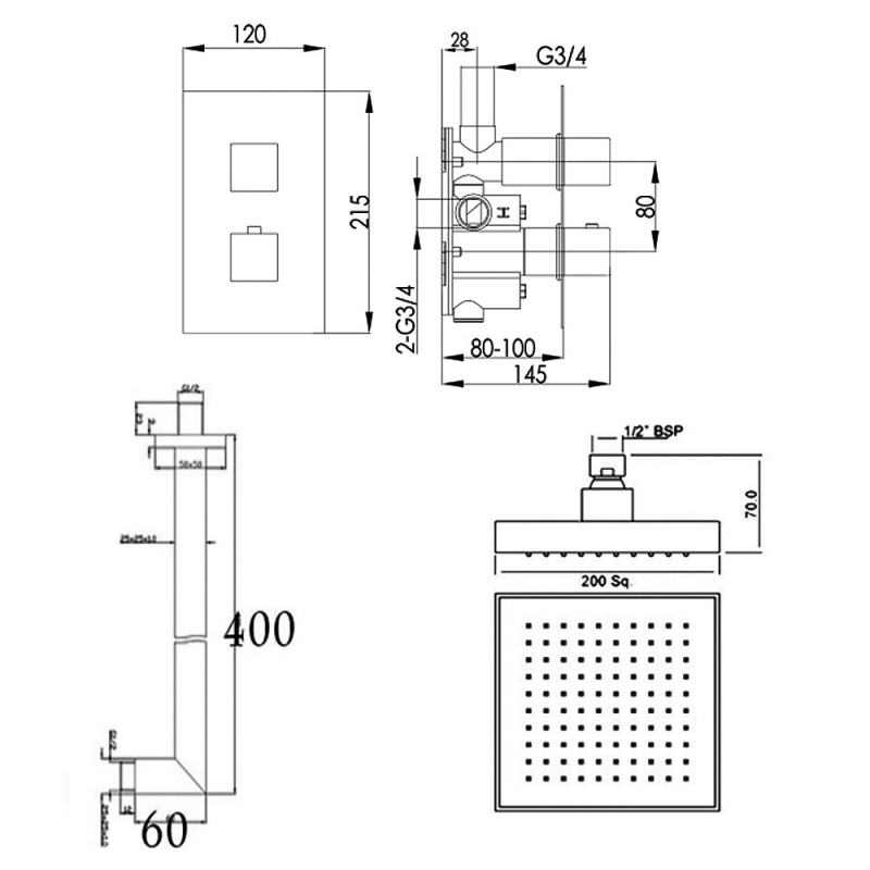 JTP Athena Thermostatic Dual Concealed Mixer Shower with Fixed Shower Head - Chrome