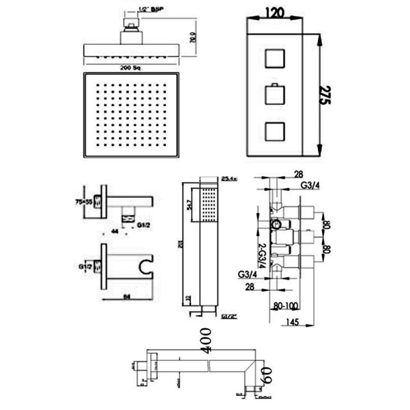 JTP Athena Triple Concealed Mixer Shower with Shower Handset + Fixed Head