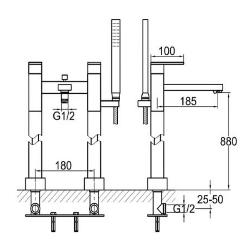 JTP Athena Lever Freestanding Bath Shower Mixer Tap with Kit - Chrome  | Dimension Image
