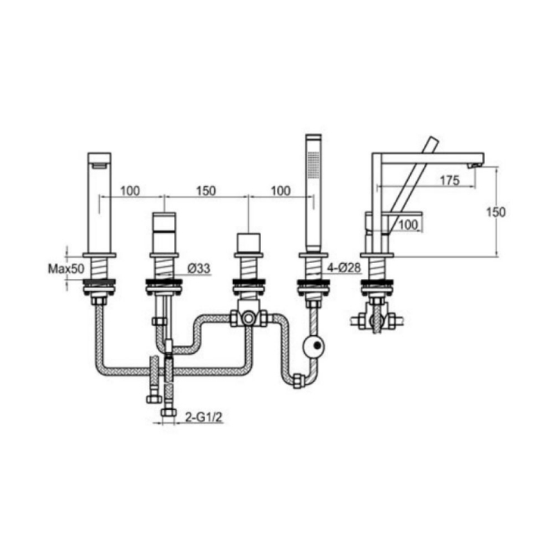 JTP Athena Lever Bath Shower Mixer Tap with Kit - Chrome  | Dimension Image