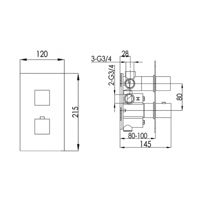 JTP Athena Thermostatic Concealed Shower Valve 3 Outlet with Dual Handle - Chrome