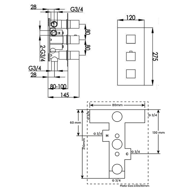 JTP Athena Thermostatic Concealed Shower Valve 3 Outlet with Triple Handle - Chrome
