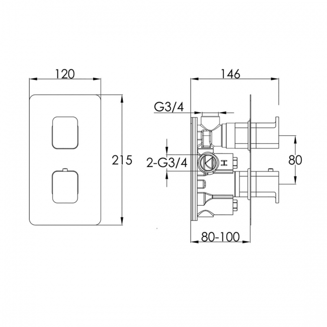 JTP Axel Vertical Thermostatic Concealed 1 Outlet Shower Valve Dual Matt Black Handle - Chrome  | Dimension Image