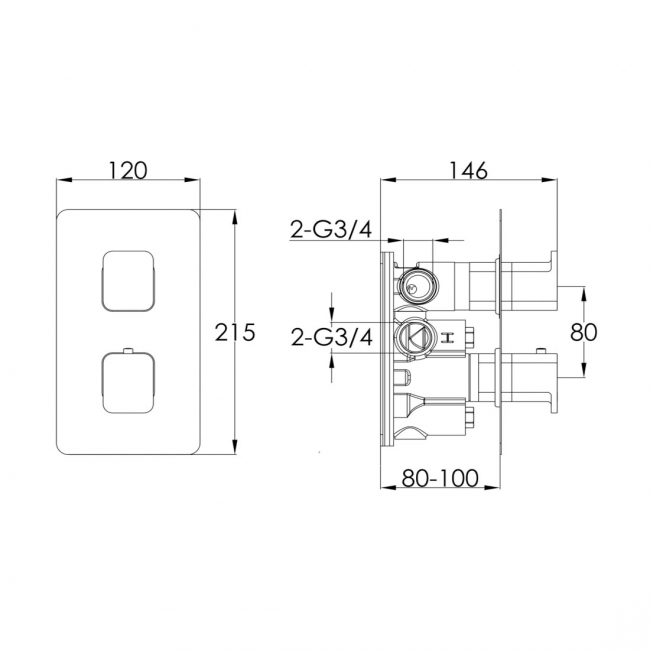 JTP Axel Vertical Thermostatic Concealed 2 Outlets Shower Valve Dual Matt White Handle - Chrome