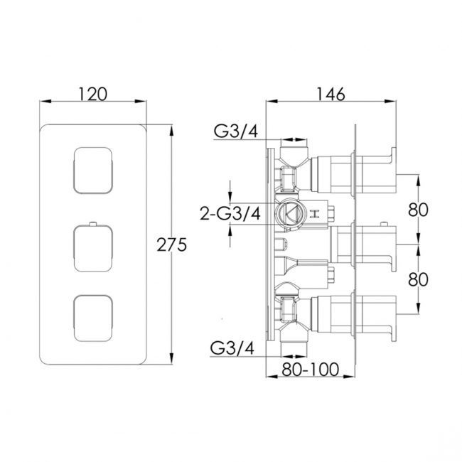 JTP Axel Vertical Thermostatic Concealed 2 Outlets Shower Valve Triple Matt White Handle - Chrome