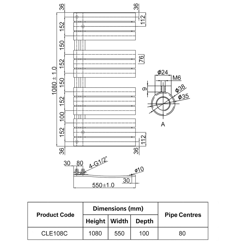 JTP Cleo Designer Heated Towel Rail 1080mm H x 550mm W Chrome
