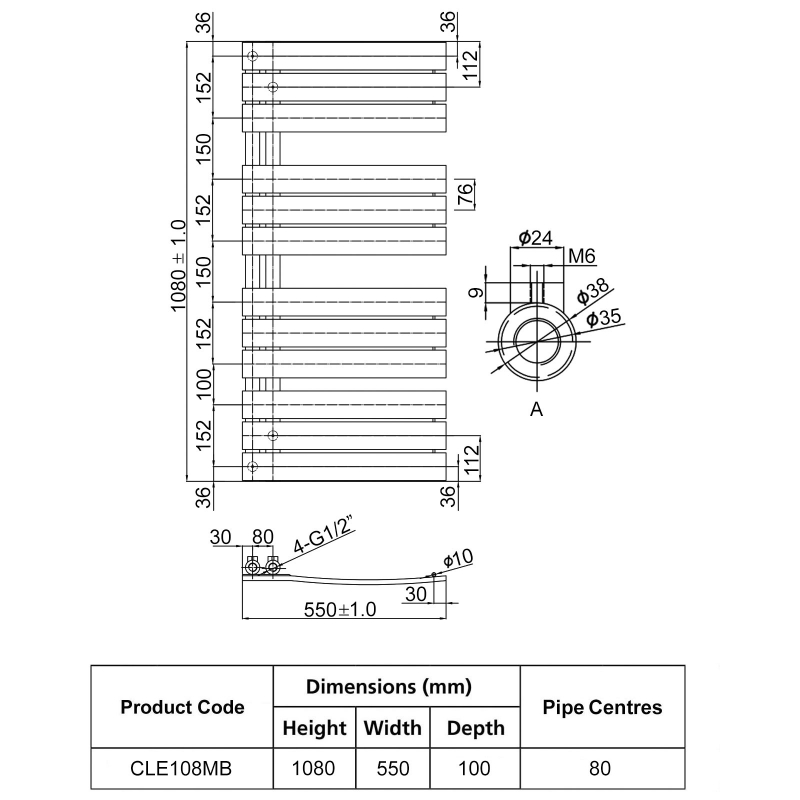 JTP Cleo Designer Heated Towel Rail 1080mm H x 550mm W Matt Black