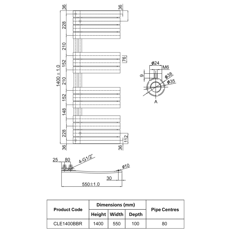 JTP Cleo Designer Heated Towel Rail 1400mm H x 550mm W Brushed Brass  | Dimension Image