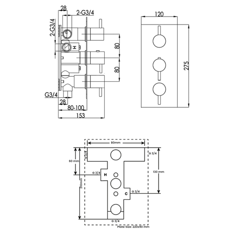 JTP Curve Thermostatic Concealed 3 Outlet Shower Valve Triple Handle - Chrome  | Dimension Image